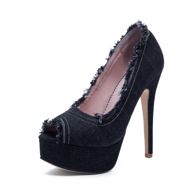 

Fashion Women s New European and American Denim Waterproof Platform Open Toe Lace High Heel Large Fish Mouth Shoes 33 чёрный