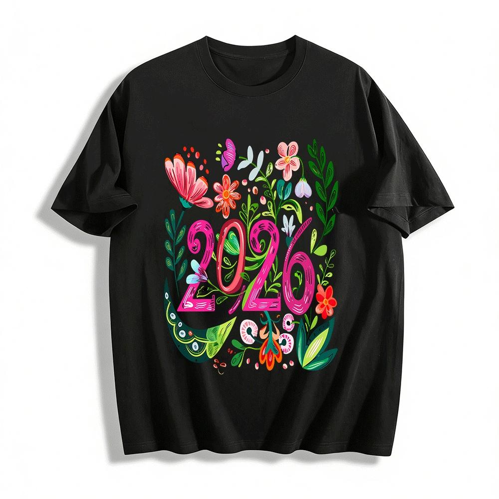 

2026 Floral Print Casual Top New Year Vibe Loose Fit T-Shirt Pure cotton T-shirt XXS