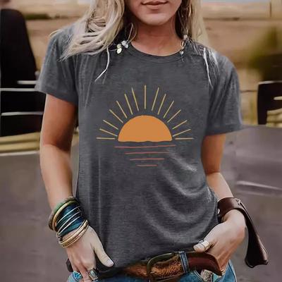Europeisk & Amerikansk Dam Sommar Sol-Mönstrad Casual T-shirt - Rund Hals, Kort Ärm, Trendig Design.