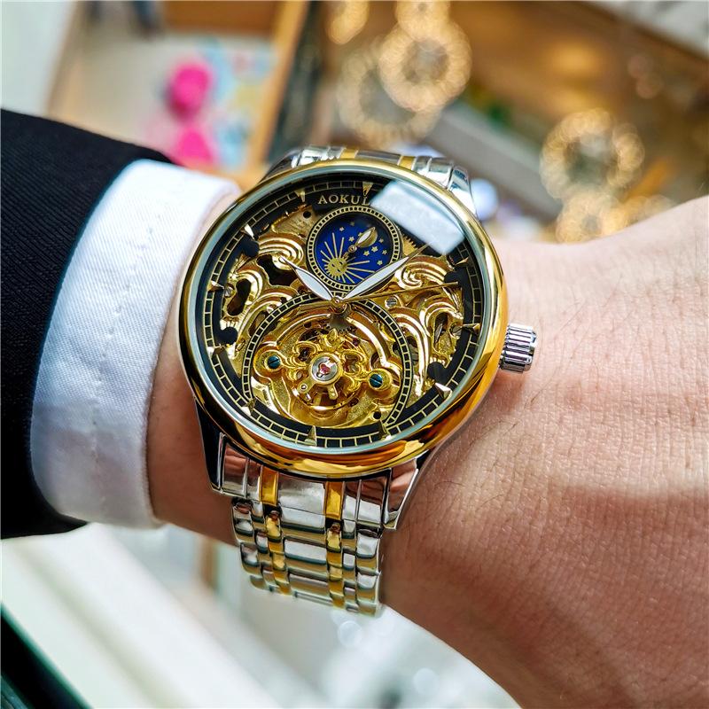 Royal Gold Skeleton Automatic Watch for Men Luxury Tourbillon Mechanical Watches Stainless Steel Strap Luminous Clock