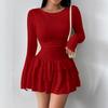 Women's Round Neck Long Sleeve Mini Dress Slim Fit Mid Waist Elegant Tiered Cake Dress