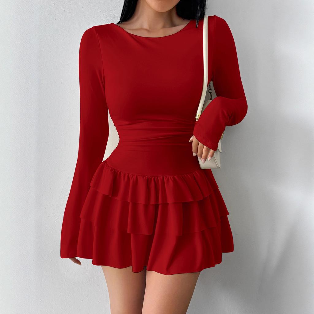 Women's Round Neck Long Sleeve Mini Dress Slim Fit Mid Waist Elegant Tiered Cake Dress