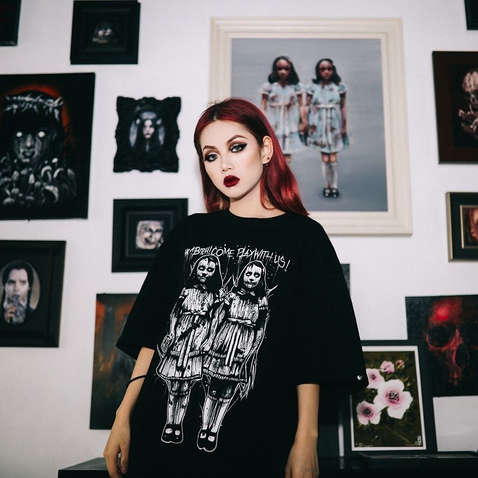 Damski gotycki T-shirt Przerażające Bliźniaczki Nadruk Czaszki Harajuku Nowość Odzież Topy Zmutowany Rockowy T-shirt Odzież Damska