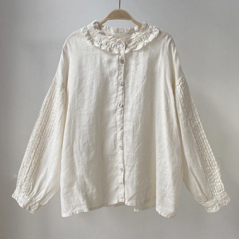 

Johnature винтажные льняные рубашки с оборками и воротником-гармошкой и плиссированными рукавами, весенние повседневные свободные однотонные женские блузки One Size фиолетовый