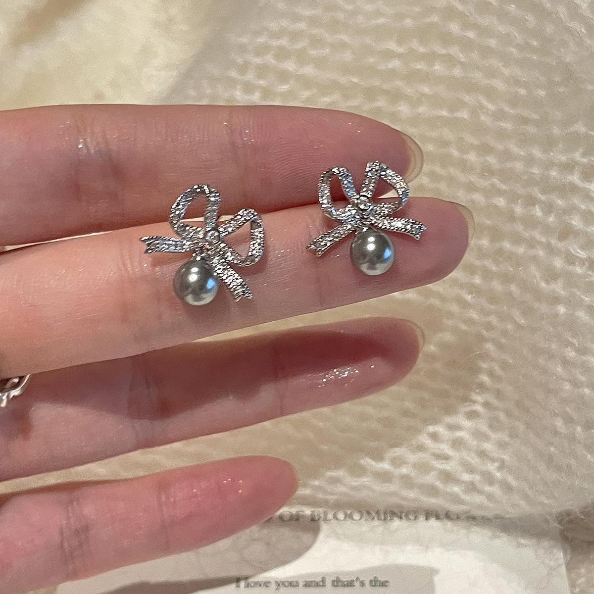 

925 silver needle full diamond bow stud earrings women s light luxury luxury high-end pearl earrings fashion temperament earrings 925 silver needle