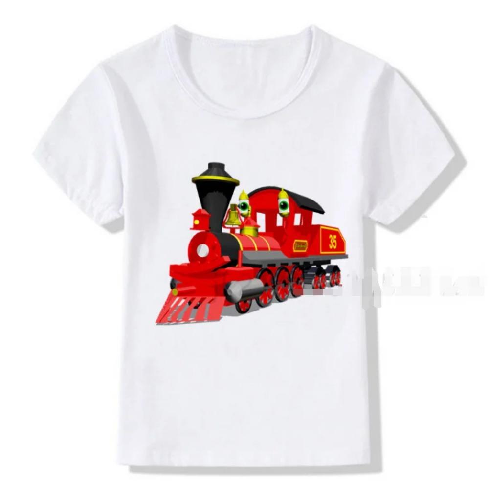 Cartoon Freight Train Baby Boys White T-shirt Funny Summy Kids Fashion Streetwear Tops for Favorite Child