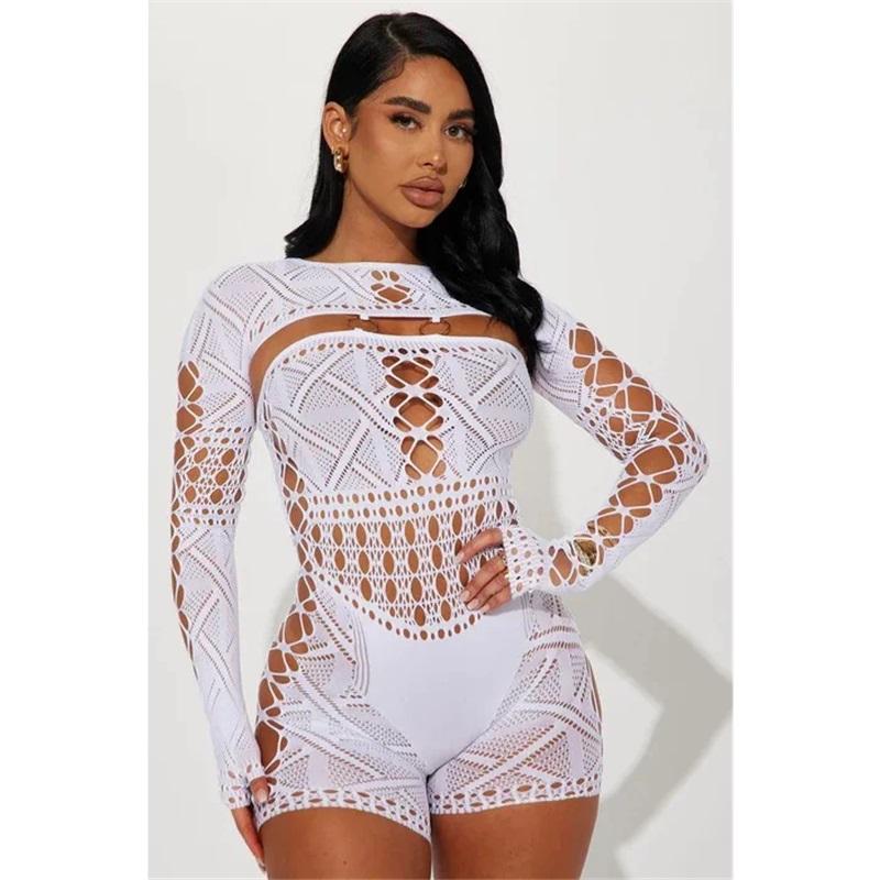 Sexy See Through Mesh Playsuit Women Rompers Long Sleeve Hollow Out Skinny Night Club Outfit One Pieces Jumpsuit Shorts Bodysuit