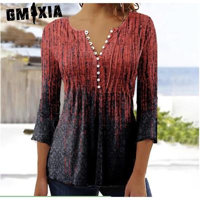 Spring Summer Fashion Women's Floral Print V-neck Short Sleeve Pressed Button T-shirt Base