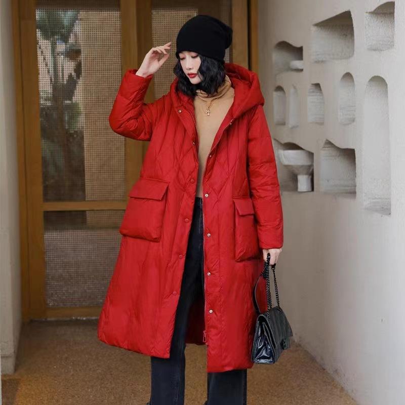 Literary retro loose large size long down jacket women's Chinese style slim fit hooded knee autumn and winter coat