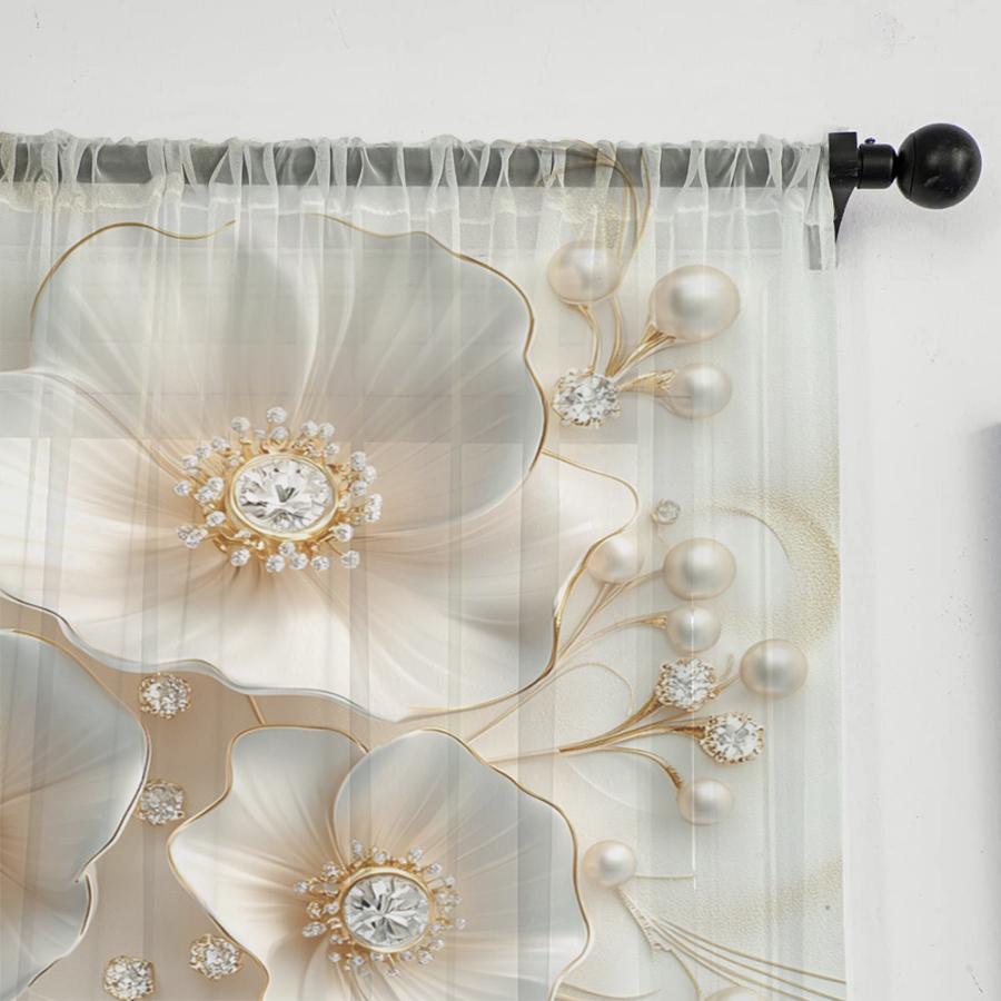 2PCS Digital Print Sheer Curtain, Diamond Pearl Beaded Flowers Pattern, Luxurious Glamorous Elegant Crystal Jewel Style Decor