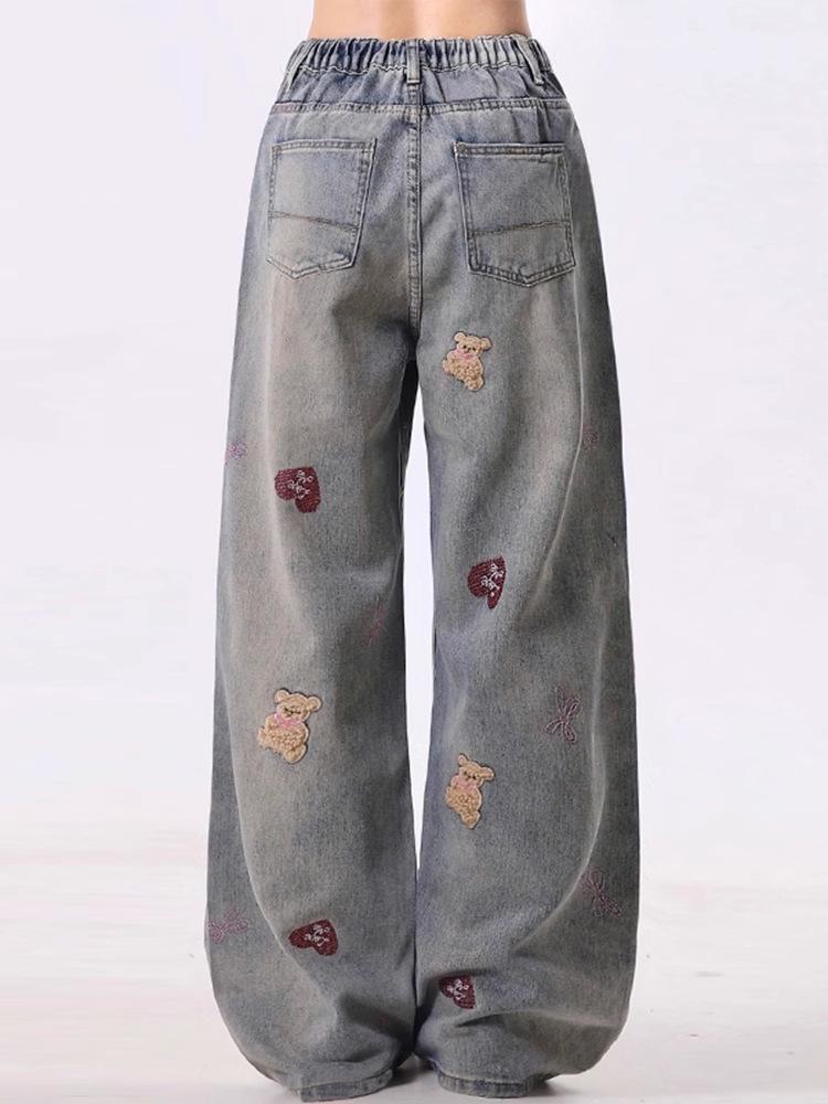 Women's Retro High-Waisted Embroidered Ripped Jeans - Autumn Collection, Comfortable Slim Fit, Loose Wide-Leg.