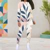 Women Plus Size Navy Blue Gold White Abstract Printed Round Neck Long Sleeve Top Fitted Pants Two Piece Set