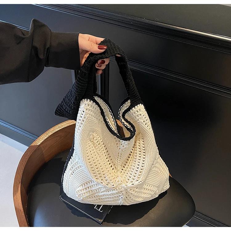 Fabric Hollow Out Large Capacity Shoulder Bags Ctrast Color Women s Bags 2026 Commuting Versatile Crossbody Bags бежевый