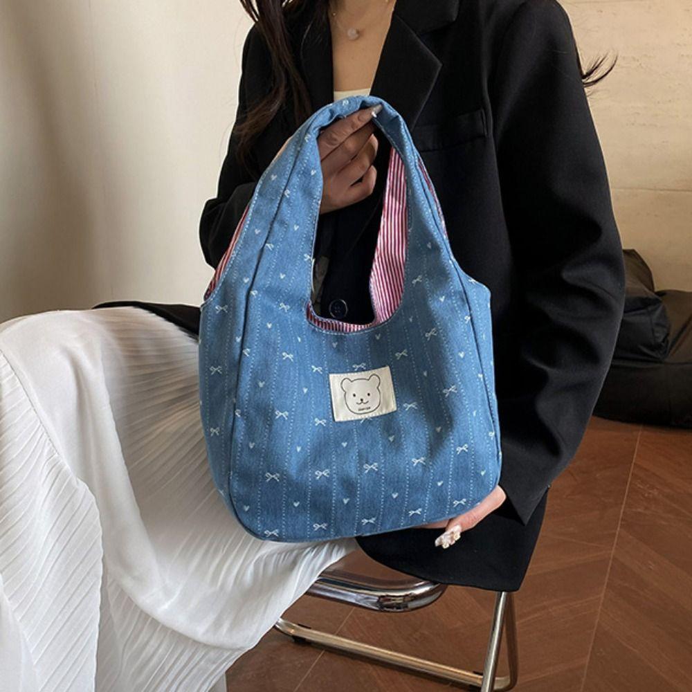 

Korean Style Denim Bow Handbag Bowknot Cute Wrist Bag Lovely Denim Bucket Bag Students темно-синього кольору