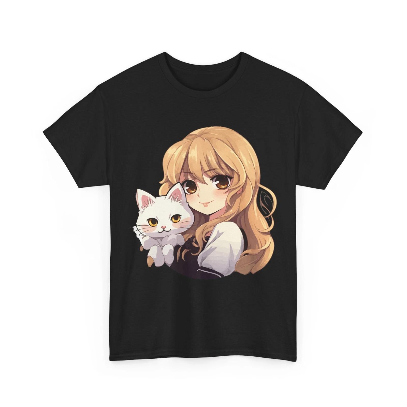 Anime Girl with Kawaii Cat Shirt, Japanese Culture Lovers Shirt, Otaku T-shirt S
