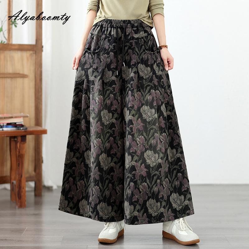 Large Size Autumn Spring Women Straight Jeans High Waist Floral Print Black Denim Trousers Retro Classical Oversized Ladies' Jeans