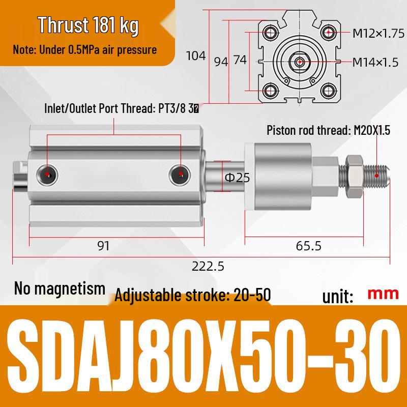 Adjustable Stroke Pneumatic Thin Cylinder - Piston Rod Sizes: 16/20/25/32/40/63