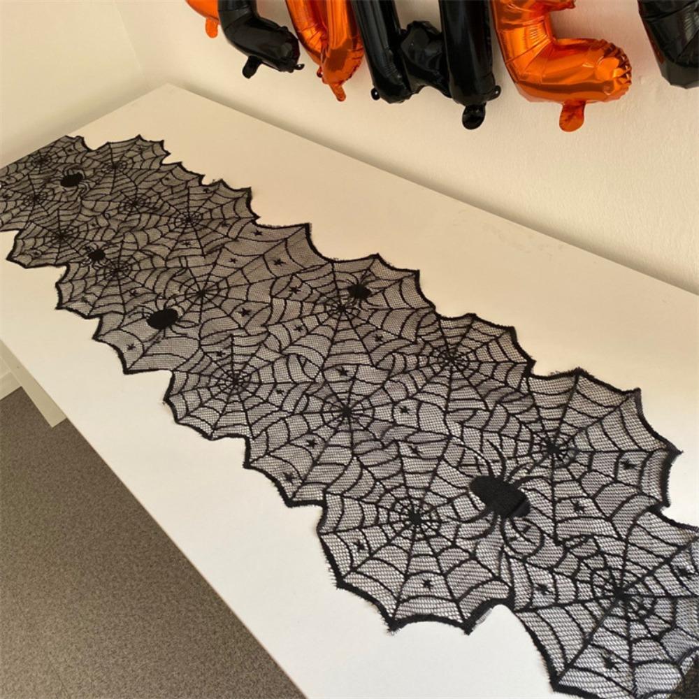 With Spider Pendant Spider Web Black Lace Table Runner Mesh Halloween Table Decoration  Halloween