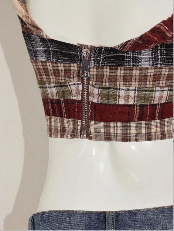 2025 High-Waisted Slimming Plaid Patchwork Zipper Bikini Camisole