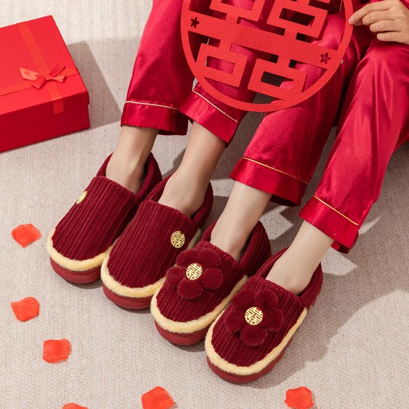 Wedding cotton shoes high-end newlywed couple models groom and bride dowry festive red pair of winter light luxury wedding shoes