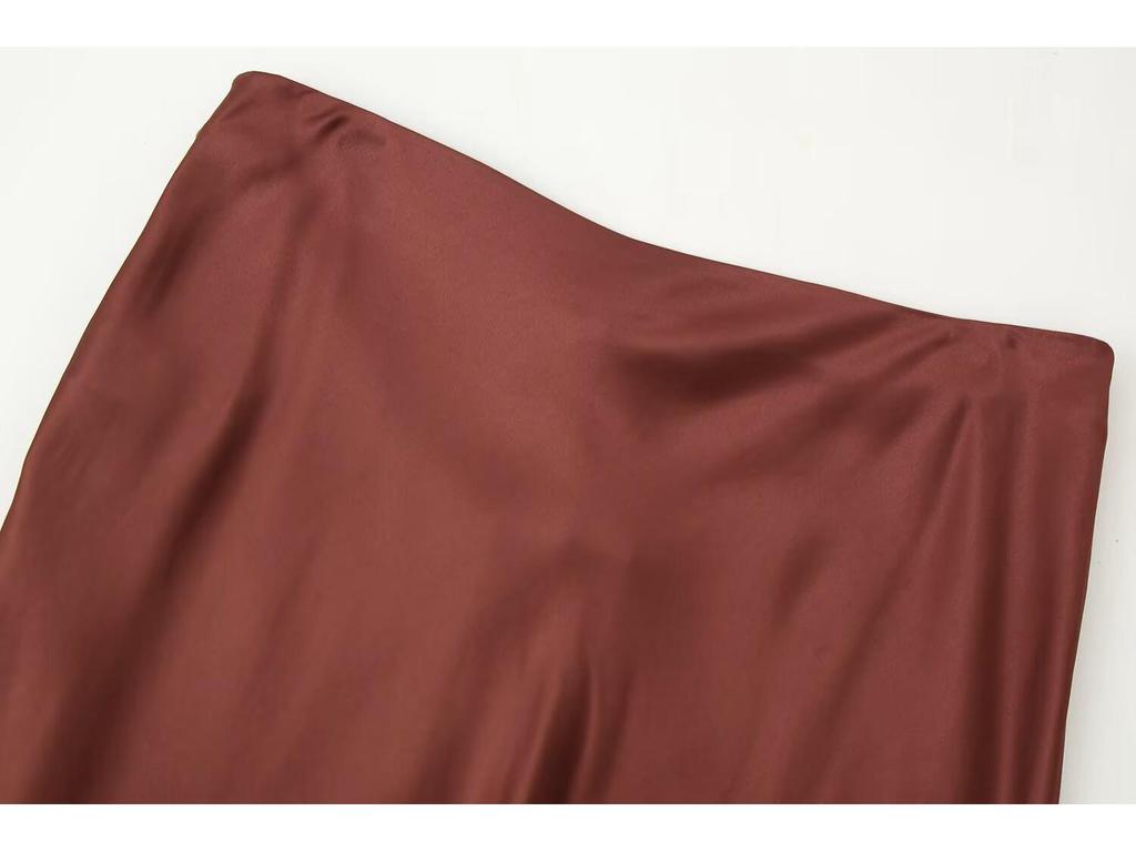 2025 Autumn European Women's Color Block Lace Silk Satin Skirt