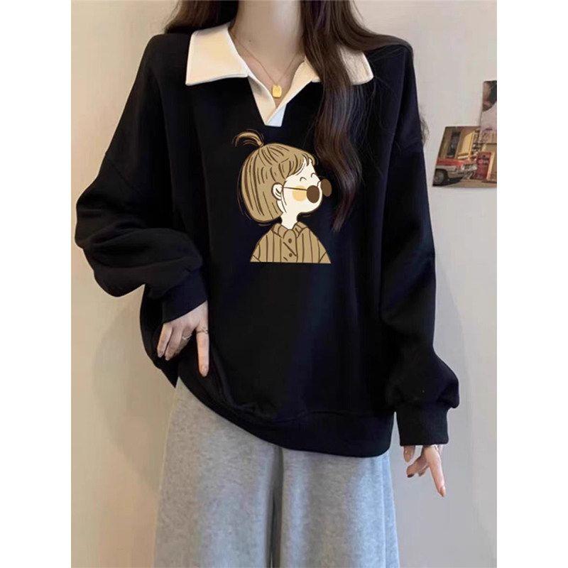 

150.00kg Extra Large Size Contrast Color Polo Collar Sweatshirt Female 100.00kg Fat Sister plus Size Half-Open Collar Coat Top Black Blonde Girl 3XL(80-90kg)