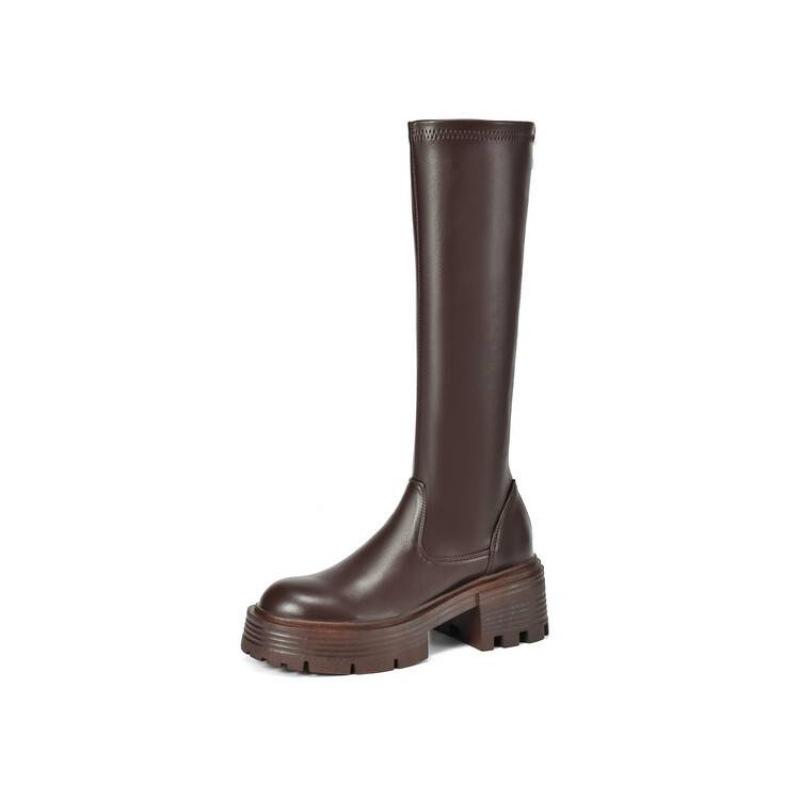 Autumn and winter leather knight boots women's comfortable platform large size women's boots square heel high heels round head new high boots women