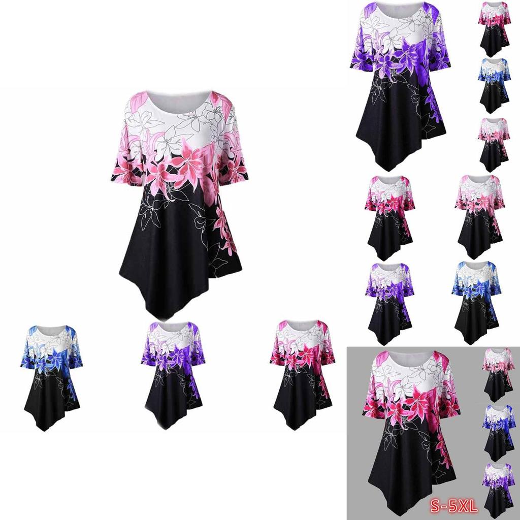Fashionable Women Ladies Asymmetric Hem Floral Print T-shirt Tunic Tops For All Sizes