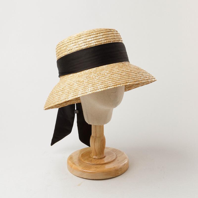 

Summer Black Ribbon Bowknot Kids Handmade Straw Bucket Cap Children Leisure Fishermen Hat