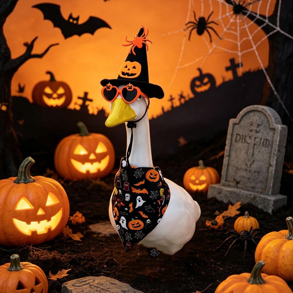 Halloween Goose Costume Set Includes Witch Hat with Spider and Pumpkin Design Bandana with Halloween Themed Prints and Sunglasses Accessory for Pets
