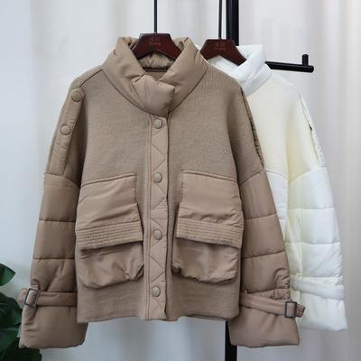 Autumn and Winter New Splicing Cotton Clothes Knitted Cardigan Thickened Loose Temperament Design Sense Stand-up Neck Sweater Jacket Women