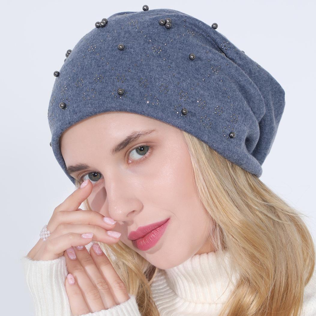 

Женский осенне-зимний двухслойный хлопковый пуловер с бусинами и стразами, универсальная теплая шапка OneSize синий