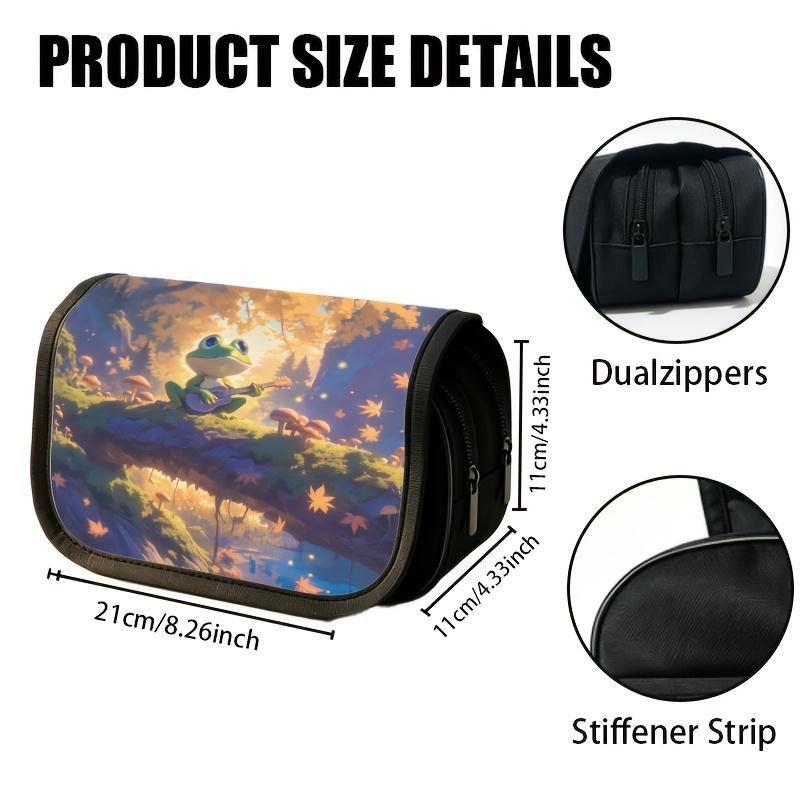 1pc Double Layer Flip Pencil Case, Frog Musician In Autumn Forest, Large Capacity, Portable Polyester Pen Storage Bag with Zipper Closure, Ideal for S
