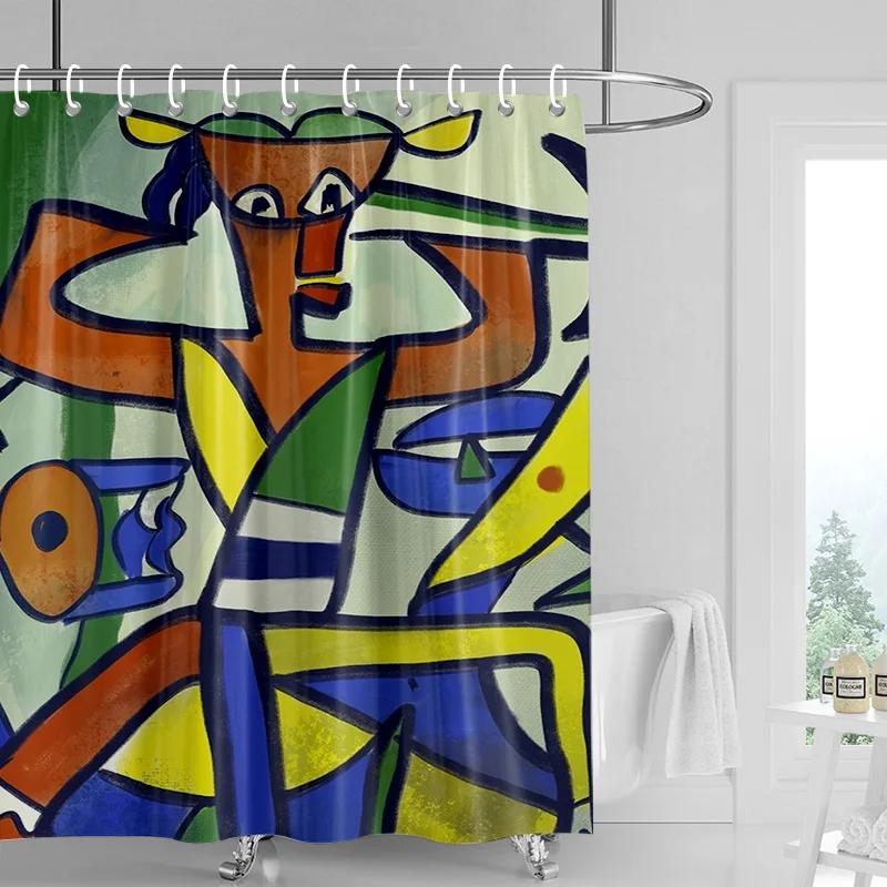 Abstract Cubist Shower Curtain - Bold Yellow Face With Red & Blue Accents, Waterproof With Grommets, Modern Art Bathroom Decor