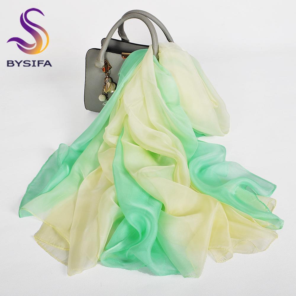 BYSIFA|Fall Winter 100% Silk Long Scarves Shawls Green Yellow Pink Grey Female Gradient Color Neck Scarf Summer Silk Scarf Cape