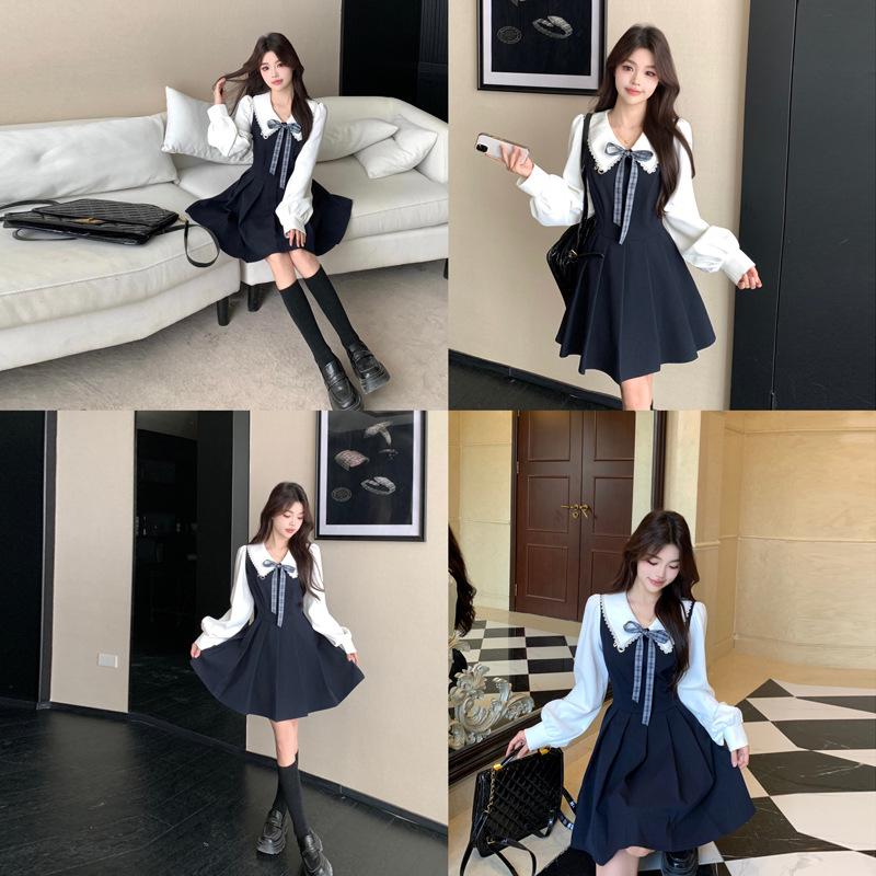 Spring 2026 Plus Size Women s College-Style Long Sleeve Pleated Fake Two-Piece Dress Skirt M