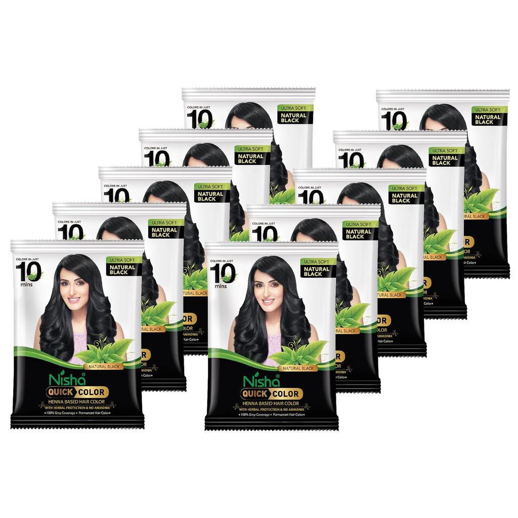 Nisha Polvere Colorante Rapido per Capelli per Uomini e Donne 10g X Confezione da 10 | Tintura Istantanea Naturale Nera per Capelli in 10 Minuti