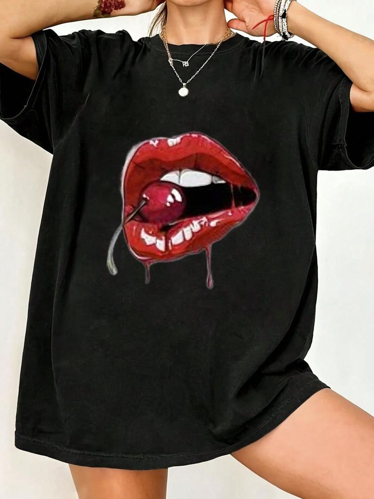 Oversized T Shirt Black Cherry Lips Print Graphic Tee Casual Streetwear Summer Outfit Women Fashion Top