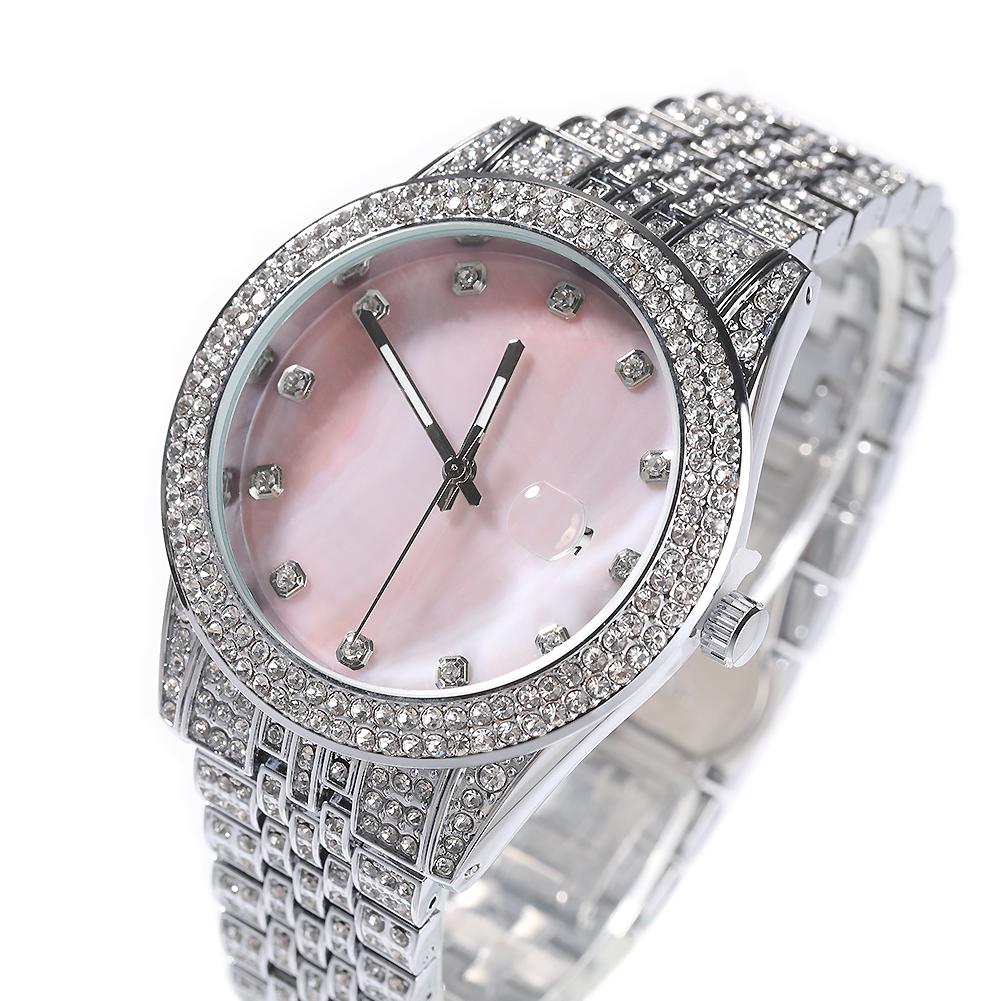 THE BLING KING Mother of Pearl Pink Dial Full Iced Out Two Tone Quartz Clock Business Waterproof Watches For Men Women