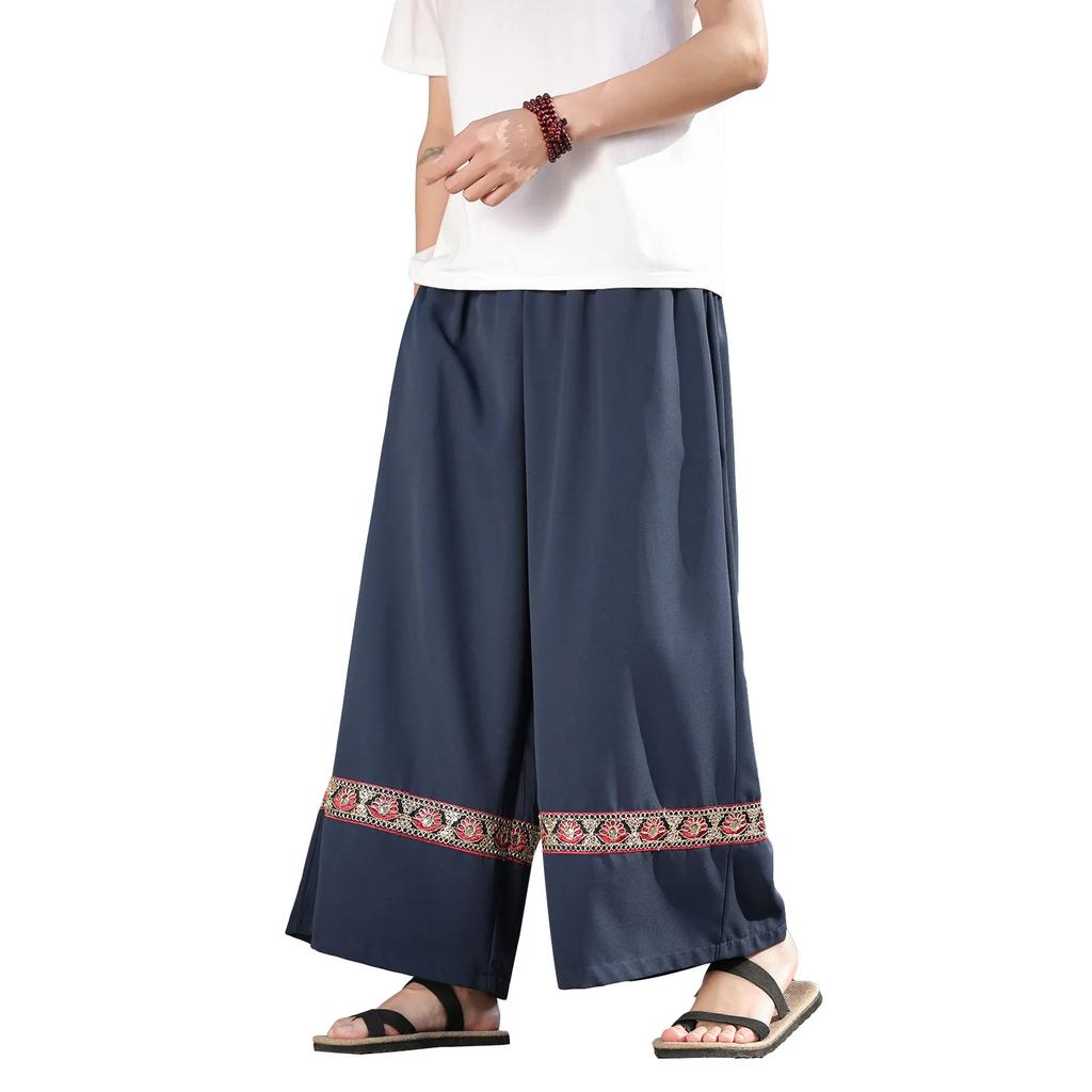 Spring Men Jacquard Embroidered Flower Pants Wide Leg Pants Women Vintage Chinese Style Bottoms Ethnic Style High Waist Trousers