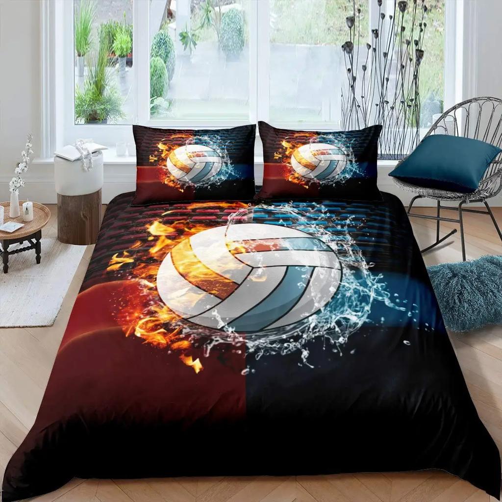 Voleybal Soft Duvet Cover Set Microfiber Sports Bal Theme Fire Plus Water Blend Voleybal Twin Beding Set Double Quen King-Sized Dimensionsd Dimensions