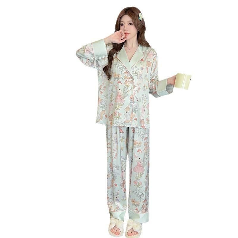 Ice Silk Pajamas for Women, Spring/Autumn Style Imitation Silk High-End Long-Sleeve and Long Pants Set, 1011 New Summer Loungewear