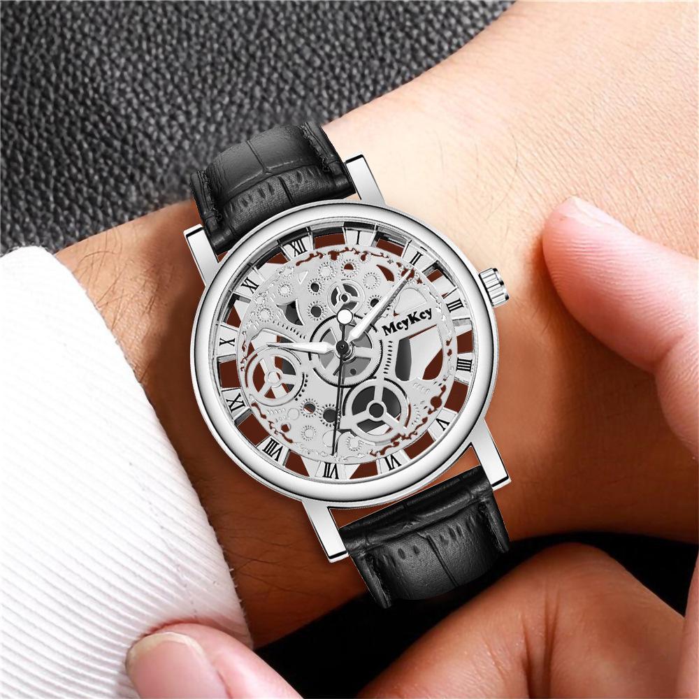 Men's Transparent Bottom Hollow-Out Leather Strap Quartz Watch