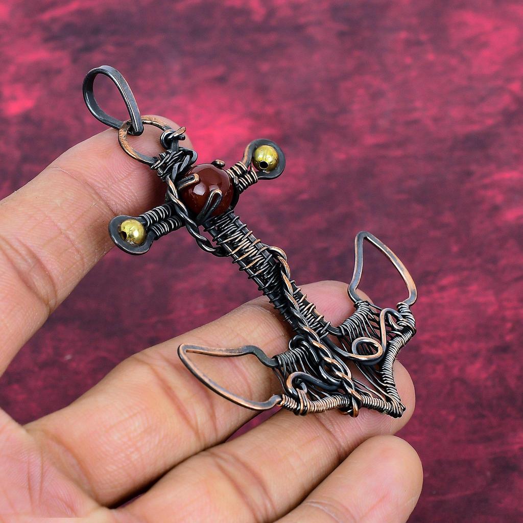 Carnelian Pendant Copper Wire Wrapped Handmade Jewelry Anchor Gemstone Pendant