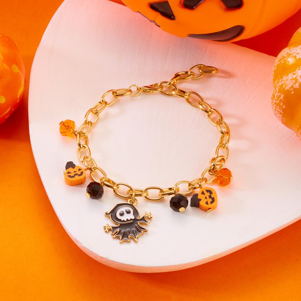 Halloween Cute Ghost Pumpkin Bat Charm Bracelet for Women Men Gold Color Metal Chain Enamel Bracelet Funny Festival Jewelry Gift