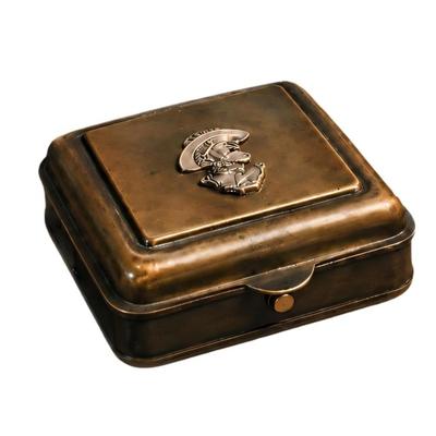 Metal Candle Holders Box with Hinged Lift Up Lid, Mechanical Wind Up Ignitions System, Antique Industrial Styling for Tabletop or Decorative Shelf