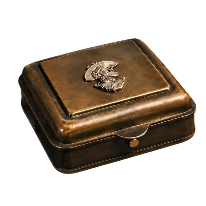 Metal Candle Holders Box with Hinged Lift Up Lid, Mechanical Wind Up Ignitions System, Antique Industrial Styling for Tabletop or Decorative Shelf