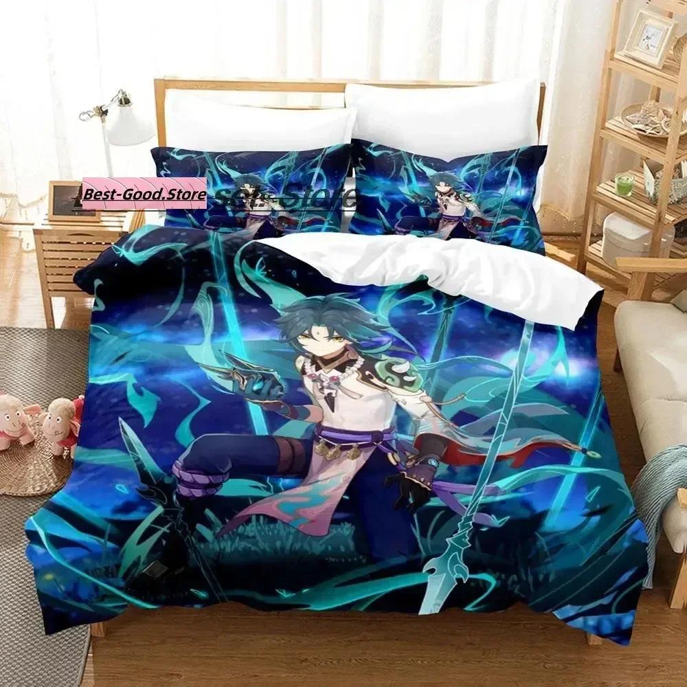 Game Genshin Impact Xiao Genshin Impact Bedding Set Duvet Cover Sheet Printed Pillowcase Full Queen King Size Comforter Bedroom