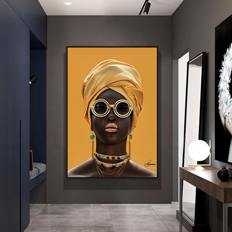 Femeie neagră cu ochelari de soare Pictură în ulei pe perete Pânză Galben femeie africană Poster Artă de perete Poze Decor modern Cuadros