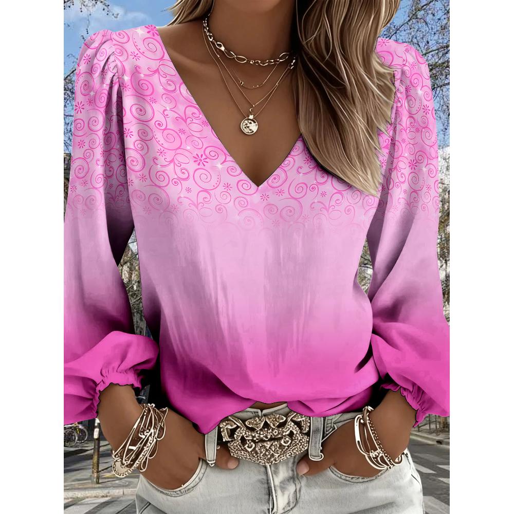 

Lady Bohemian Retro Western Style Shirt - V-neck long-sleeved frilly top, suitable for casual outfits and vacation wear XXL рожевий